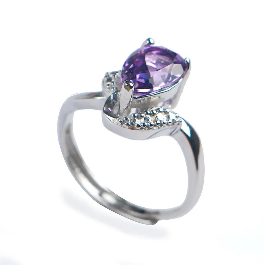

Genuine Natural Purple Crystal Quartz Transparent Stone Bead Adjustable Size Women Nice Stering Sliver Ring 9*6*4mm