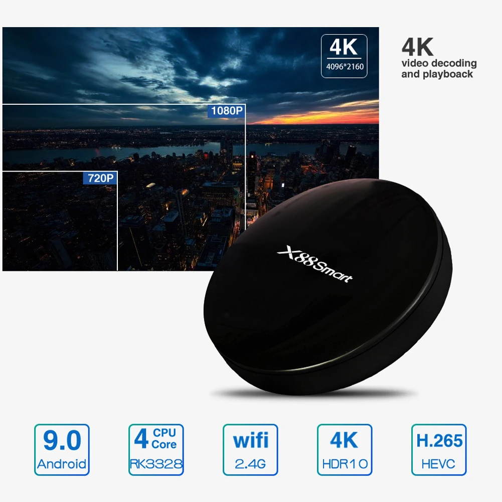 X88 Android 9,0 Smart ТВ коробка RK3328 4 ядра 4 Гб Оперативная память 32 ГБ Встроенная память WI-FI HDMI 4 K Media Player круглый Форма