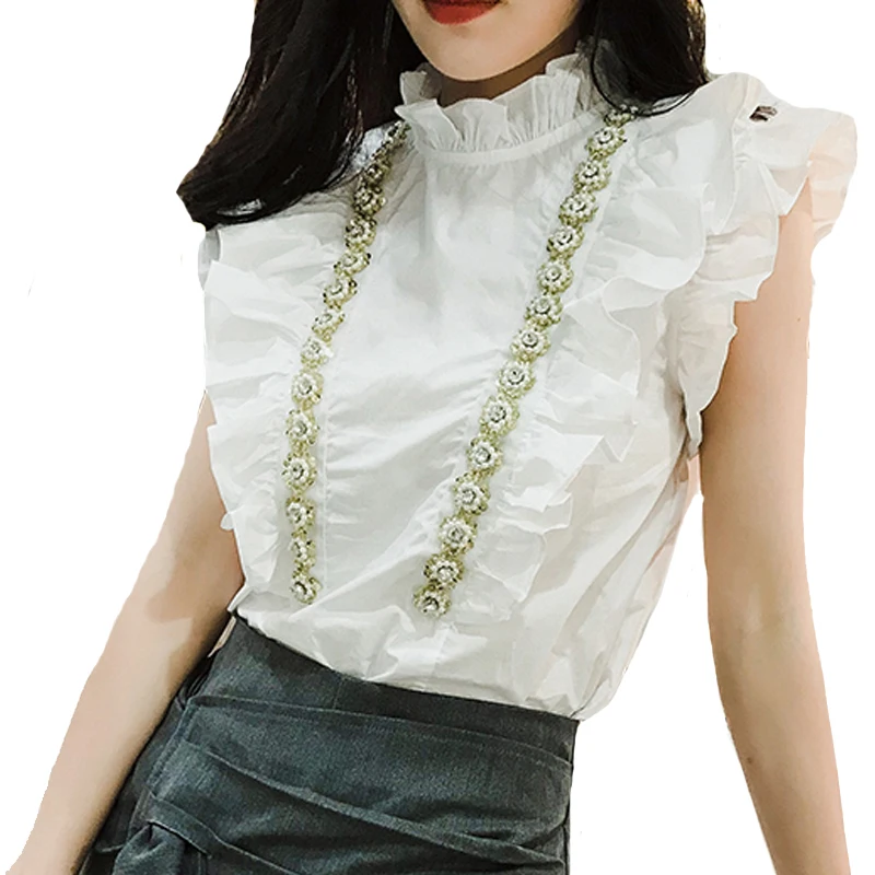 

Dingaozlz Summer 2019 New Short-sleeved OL Top Ruffles White blouse Beaded Women Chiffon Shirt blusas mujer