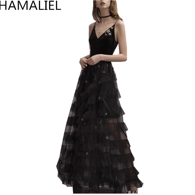 

Multi-Storey Women Party Long Dress 2018 Winter Black Velvet Patchwork Mesh Sequined Spaghetti Strap Sexy V Neck Cake Dresses