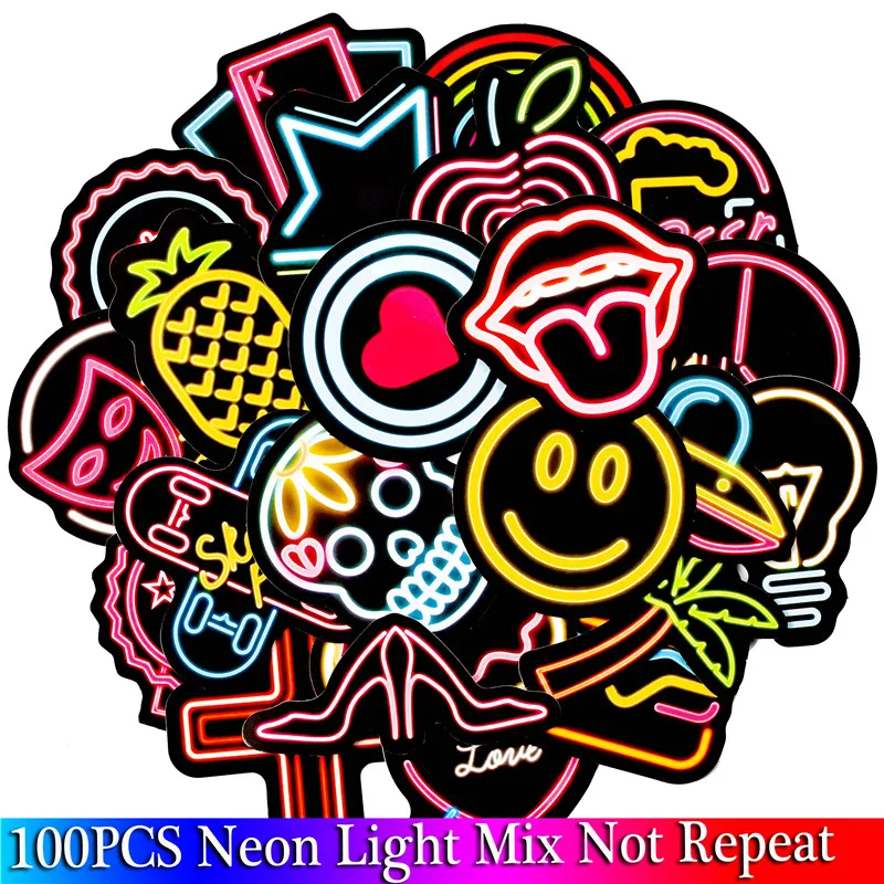 

100 PCS Neon Light Sticker Anime Icon Animal Cute Decals Stickers Gifts for Children to Laptop Suitcase Guitar Fridge Bicycle