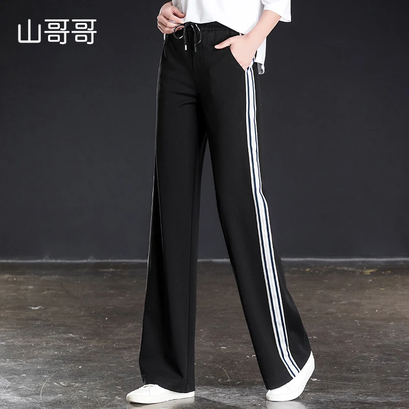 

2019 New Women Full Length Sports Trousers Loose Elastic Waist Solid High Waist Wide Leg Pants Spring Summer Plus Size Black