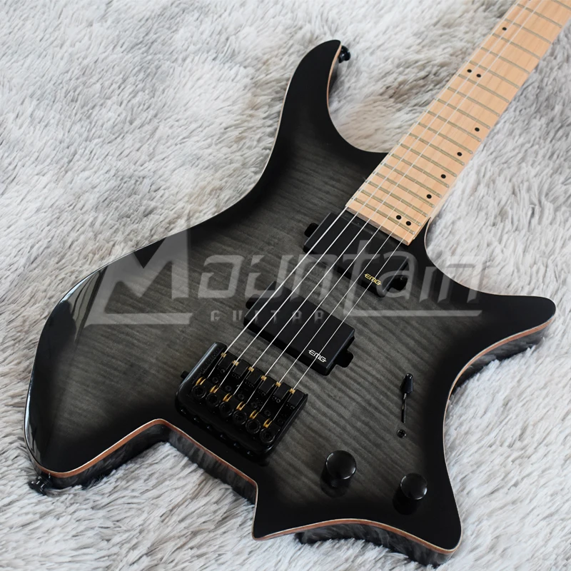 Headless guitar 6 string headless electric guitar flame maple top mahogany wood maple neck matt finish free shipping