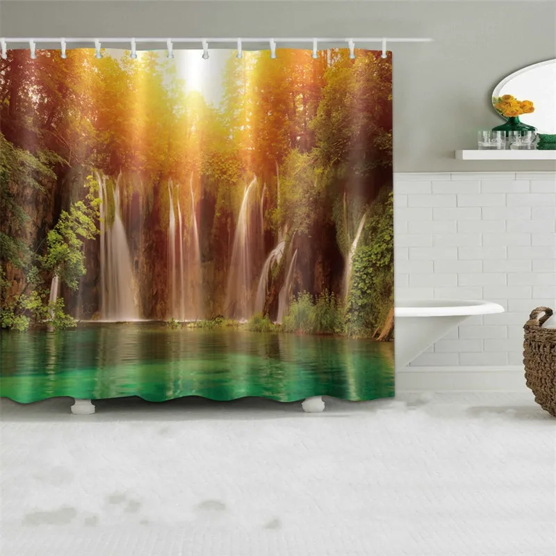 

Waterfall 3D Printed Shower Curtains Waterproof Polyester Fabric Bathroom Curtain With Hooks