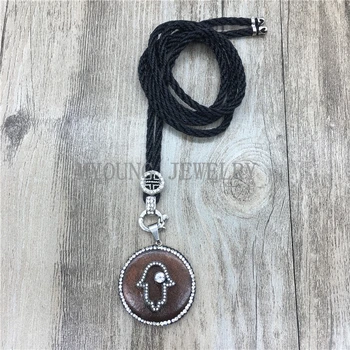 

MY1150 Round Wood Slice Paved Rhinestone Pendant With Micro Paved Atima Hamsa Hand Front Charm Accessories Necklace Chain kolye