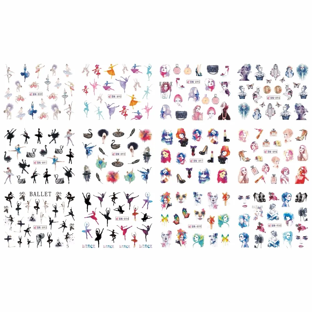 

12 PACK/ LOT WATER DECAL NAIL ART NAIL STICKER FULL COVER BALLET DANCER FASHION LADY SHOES LIP STICKS SWAN BN889-900
