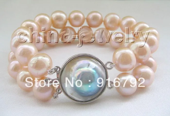 

free P&P >>>>> 2row 8" 12mm natural pink round FW pearl bracelet-925 silver Mabe clasp