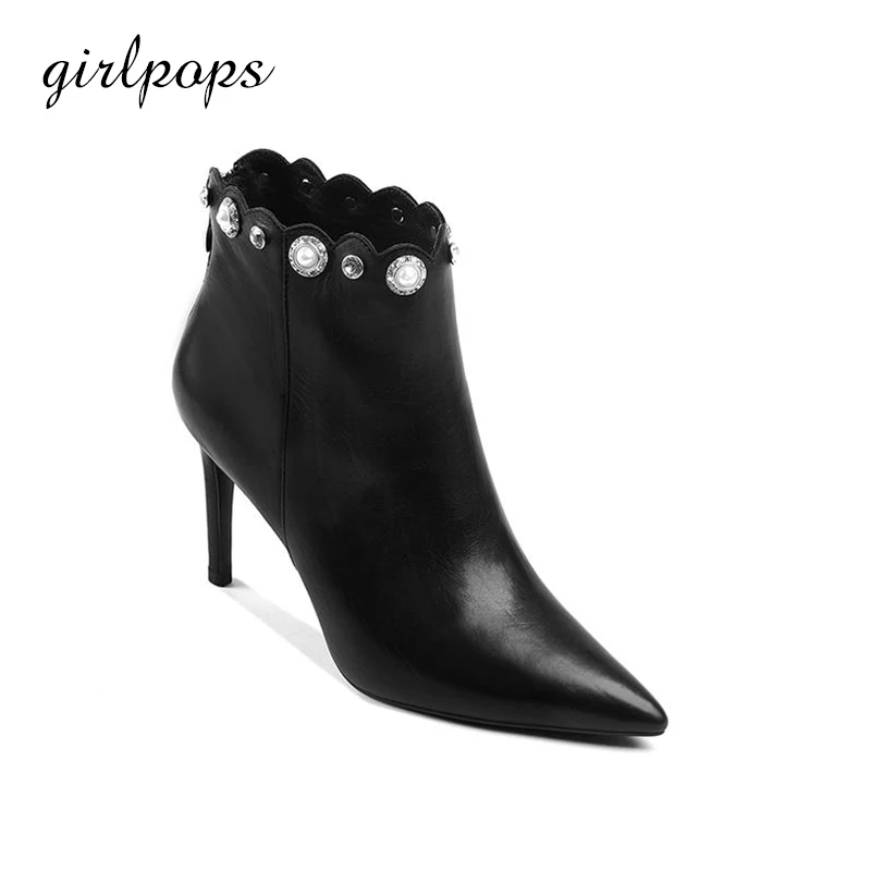

Girlpops Elegance Women Shoes Genuine Leather Ankle Boots Supper Thin High Heels With Back Zip Pointed Toe Zapatos Mujer