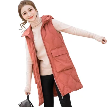 

Fashion Vests women jacket 2018 Autumn Winter Mid-long Down Cotton Padded Vest Female Sleeveless Jackets Hooded Thicken Coat