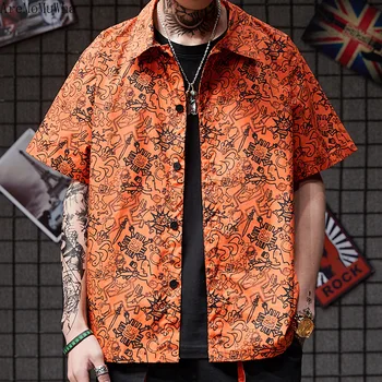 

AreMoMuWha 2019 Spring and Summer Trend Hip Hop Nightclub Super Fire Loose Short-sleeved Shirt Korean Handsome Shirt Men QX719