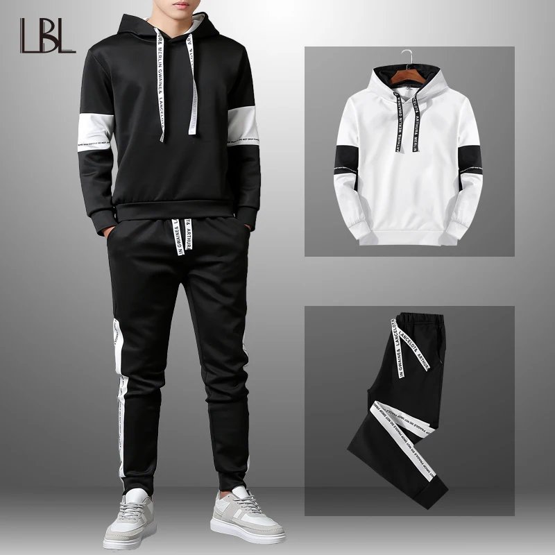 

LBL Patchwork Men's Tracksuit Sportswear Autumn Mens Hoodie Set Spring Fashion Letter Printed Sweatsuit Male Trainingspak Mannen