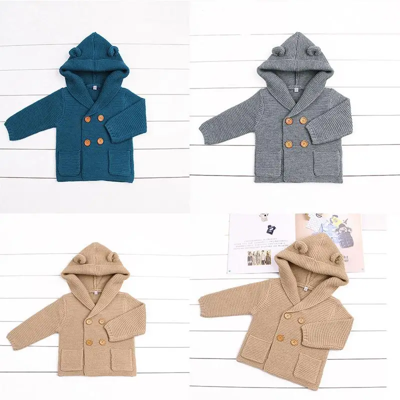 Зимний вязаный кардиган для маленьких мальчиков, верхняя одежда, свитер с капюшоном, пальто, форма уха, с капюшоном, детский вязаный кардиган, одежда, костюм