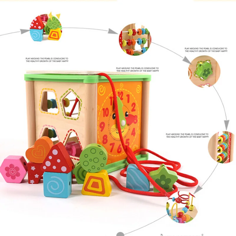 

Non-toxic Activity Center Wooden Box Multifunction Bead Maze Activity Cube Natural Block Educational Kids Toys For Children Xmas