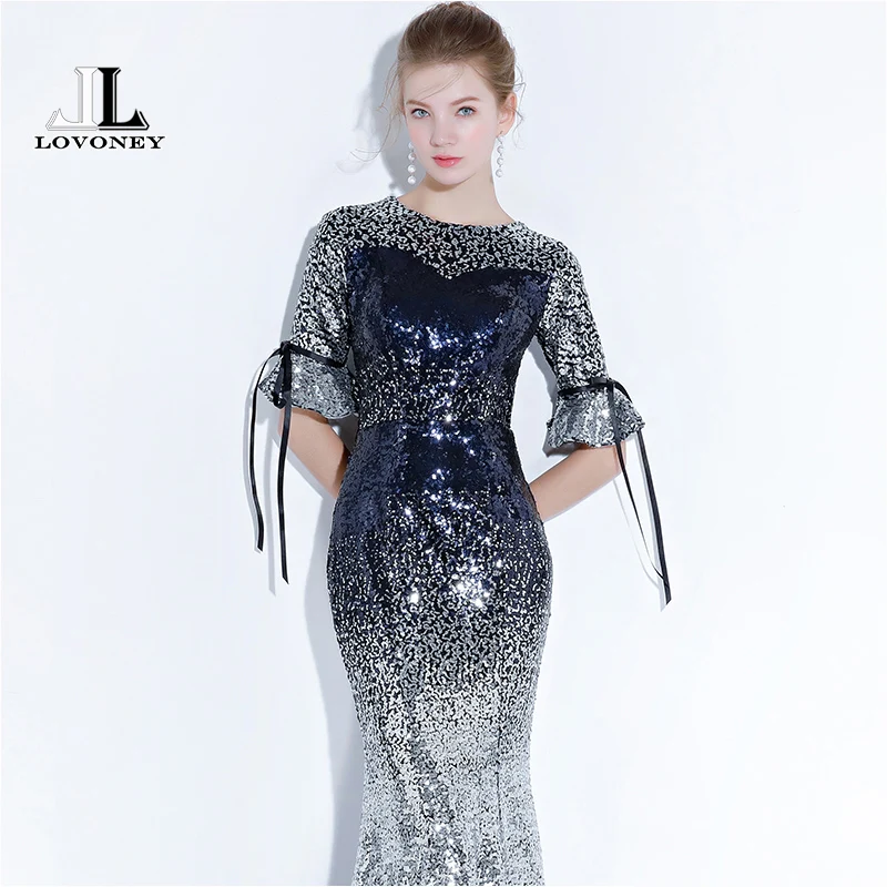 LOVONEY Elegant Mermaid Evening Dress Long Sequins Half Sleeves Formal Party Dresses Evening Gown Robe De Soiree YS430