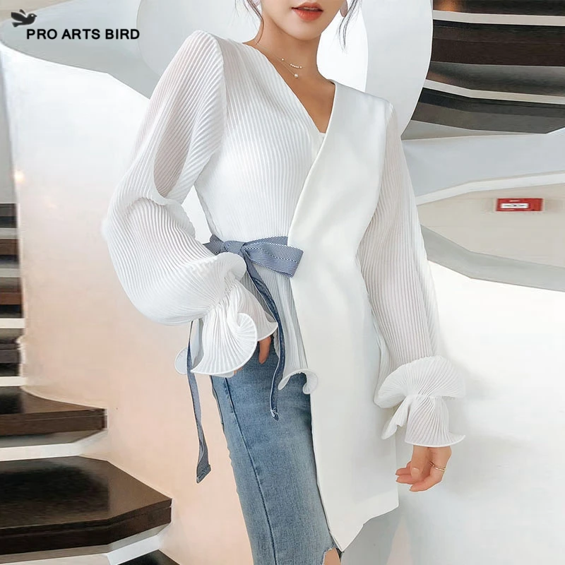 

2019 Summer New Crease Stitching Ruffled Long-sleeved Top Irregular White Women Sexy Deep V Neck