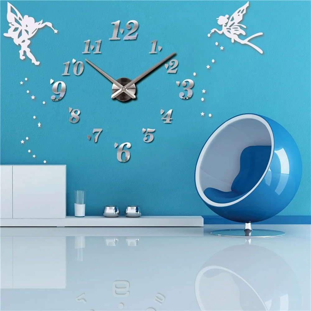 Reloj de pared Digital 3D DIY reloj grande de Angel diseno moderno espejo acrilico pegatina de pared relojes colgantes de gran tamano para Cocina