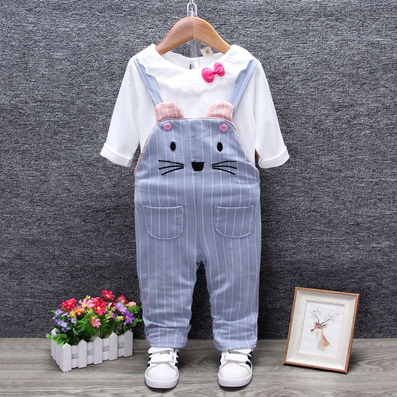 

BibiCola Spring Autumn Girls Clothing Sets Toddler Infant Clothes Long sleeved T Shirt Top & CatPattern Strap Pants 2Pcs suits