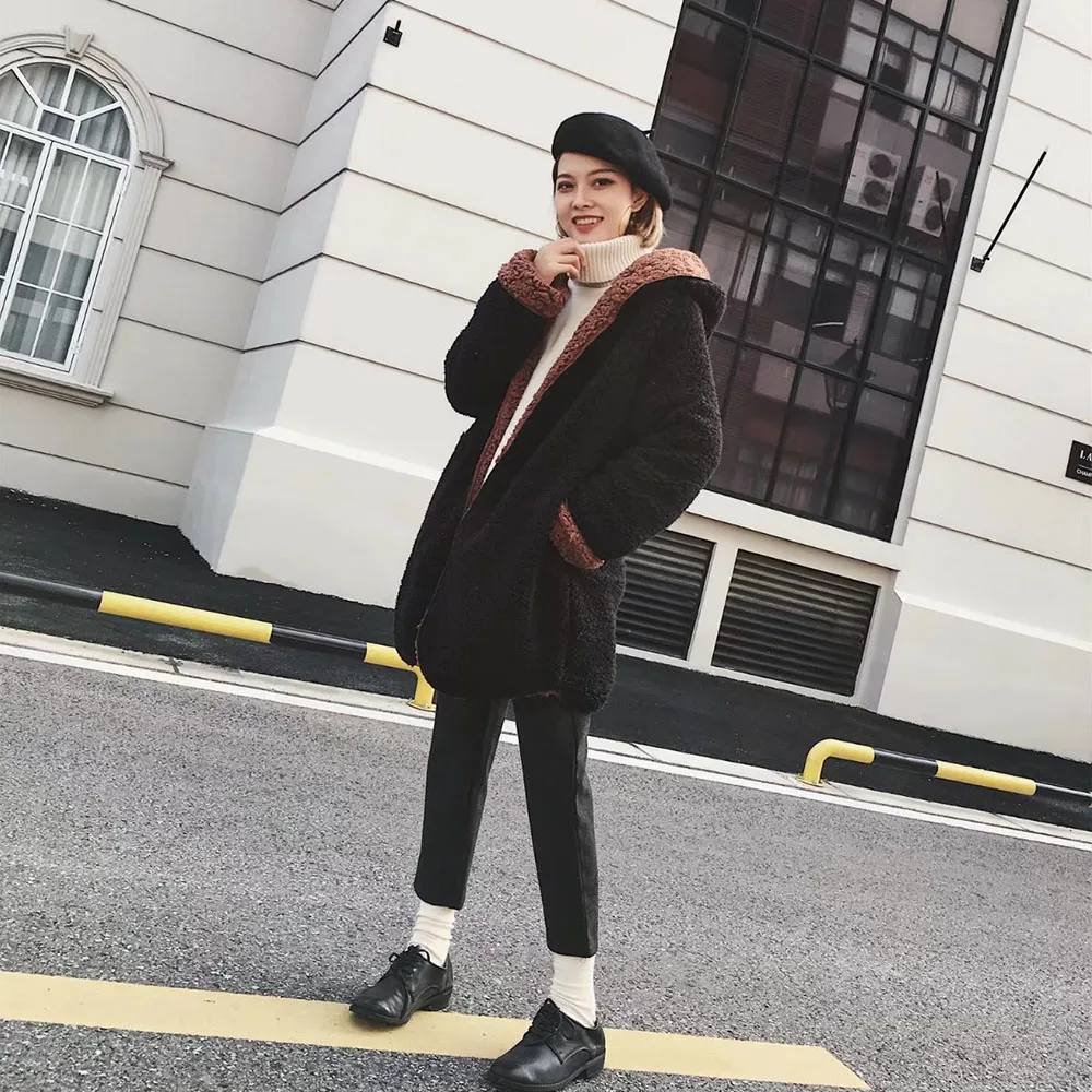 Hooded Open Front Lamb Wool Coat Female Plush Overcoat Casual Outerwear 2018 Autumn Winter Warm Soft Fur Coat
