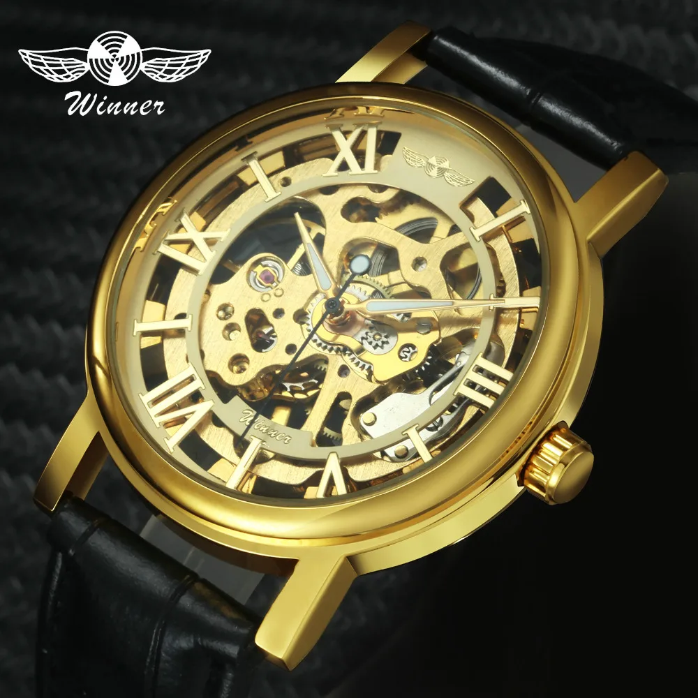 

WINNER Gold Royal Mechanical Lover Men Women Watches Roman Numerals Dial Skeleton Hand-wind Watch Leather Strap Top Brand Luxury