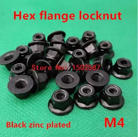 

100pcs/lot M4 Hex Flange Nuts Black Zinc Plated Carbon Steel DIN6923 Nylon Lock Nut