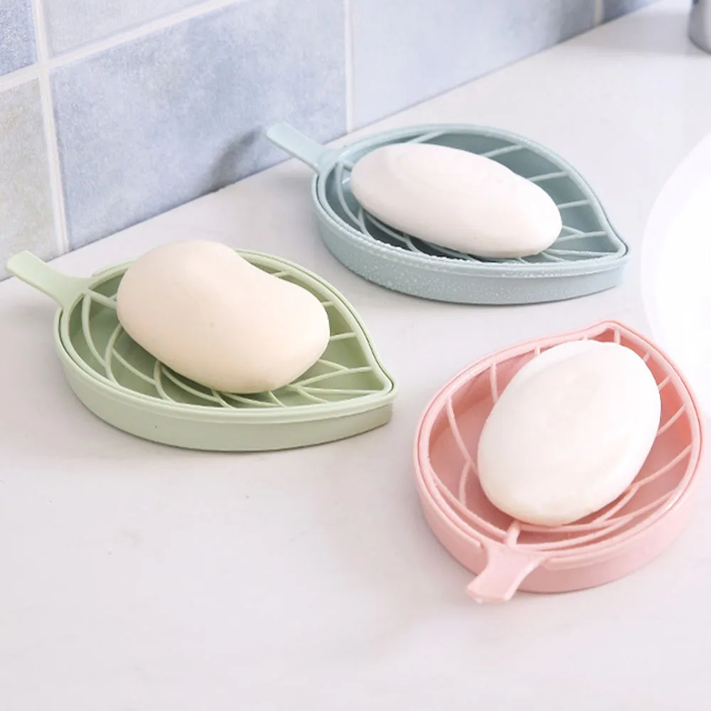 

1pc Plastic Portable Soap Dish Leaf Shaped Shower Tray Double Draining Soap Holder Non-slip Soap Box Bathroom Accessories