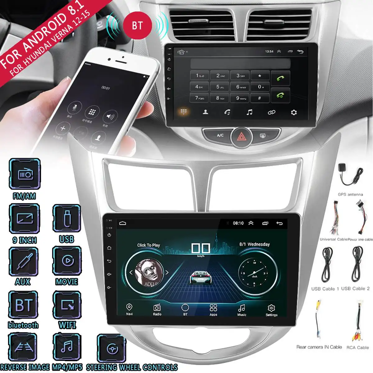 

For Android 8.1 9inch 2 DIN bluetooth Player 1024*600 Car Stereo GPS/MP4/MP5/FM/AM 3G WIFI For Hyundai Accent 2011-2017