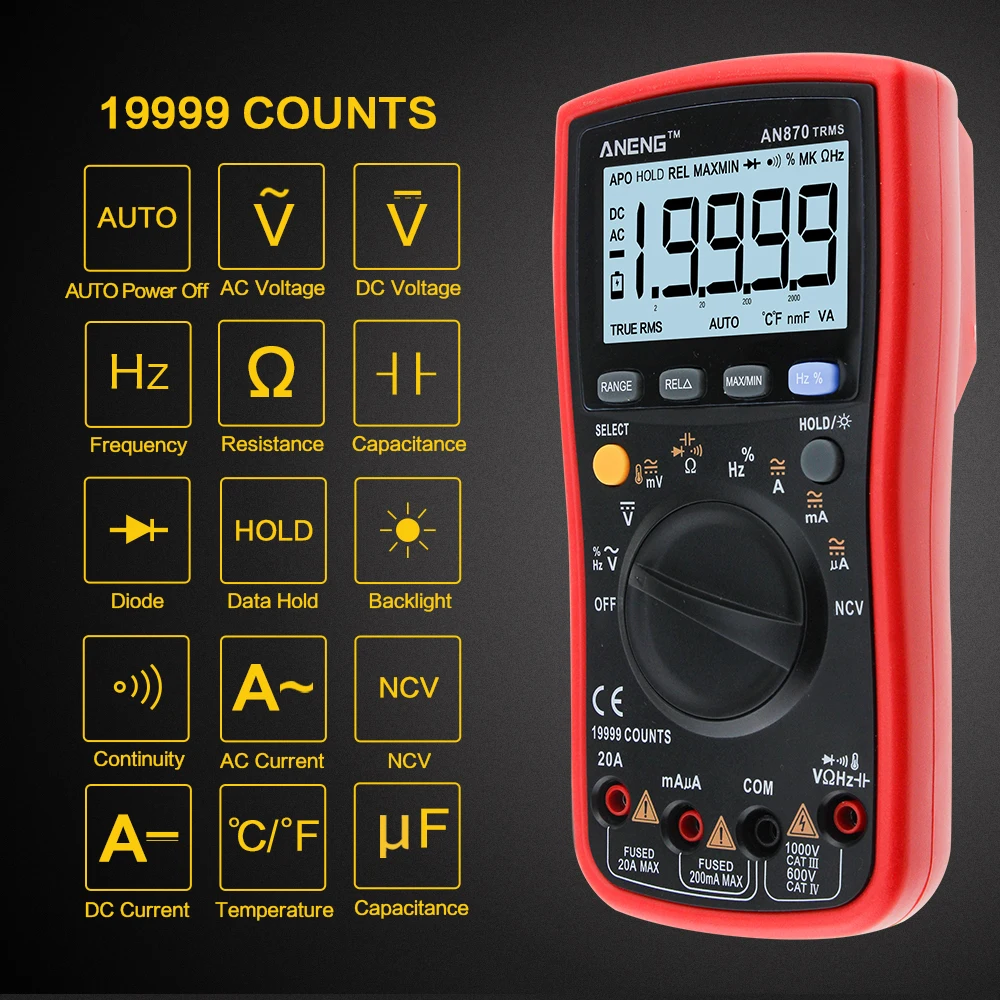 

ANENG AN870 19999 counts Auto Range Digital Precision multimeter True-RMS NCV Ohmmeter AC/DC Voltage Ammeter Transistor Tester
