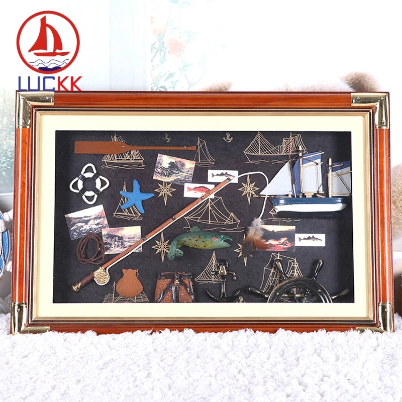 LUCKK 60*40 настенная 3D фоторамка с удочкой и стеклом деревянная в морском стиле