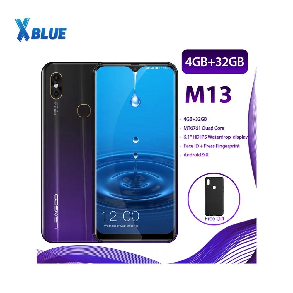 

LEAGOO M13 Android 9.0 19:9 6.1" Waterdrop Smartphone 4GB RAM 32GB ROM MT6761 Quad Core Fingerprint Face ID 4G Mobile Phone