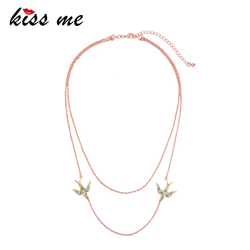 

KISS ME Rose Gold Color Double Chain Short Necklace Cute & Fashion Flying Birds Maxi Necklace Brand Jewelry