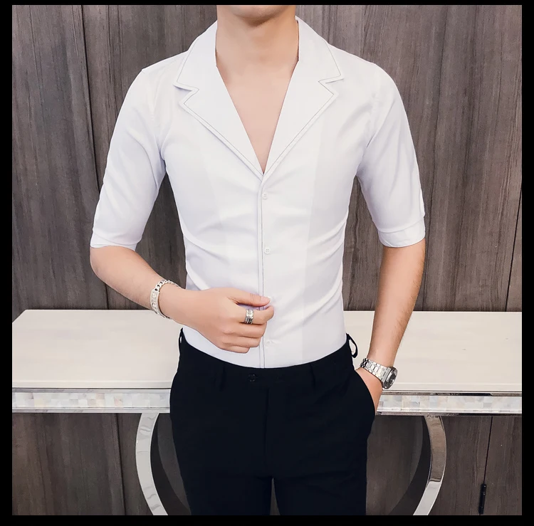 Solid Color Seven-quarter Sleeve Shirt Man Kemeja Pria Camisa Masculina Suit Collar Casual Style Half Sleeve Mens Camisa Hombre