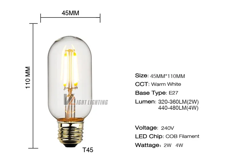 Реальный ватт Винтаж светодиодный Edison ЛАМПЫ T45 2 W/4 W светодиодный накаливания свет Винтаж Светодиодная лампа лампы 220 V Ретро Свет