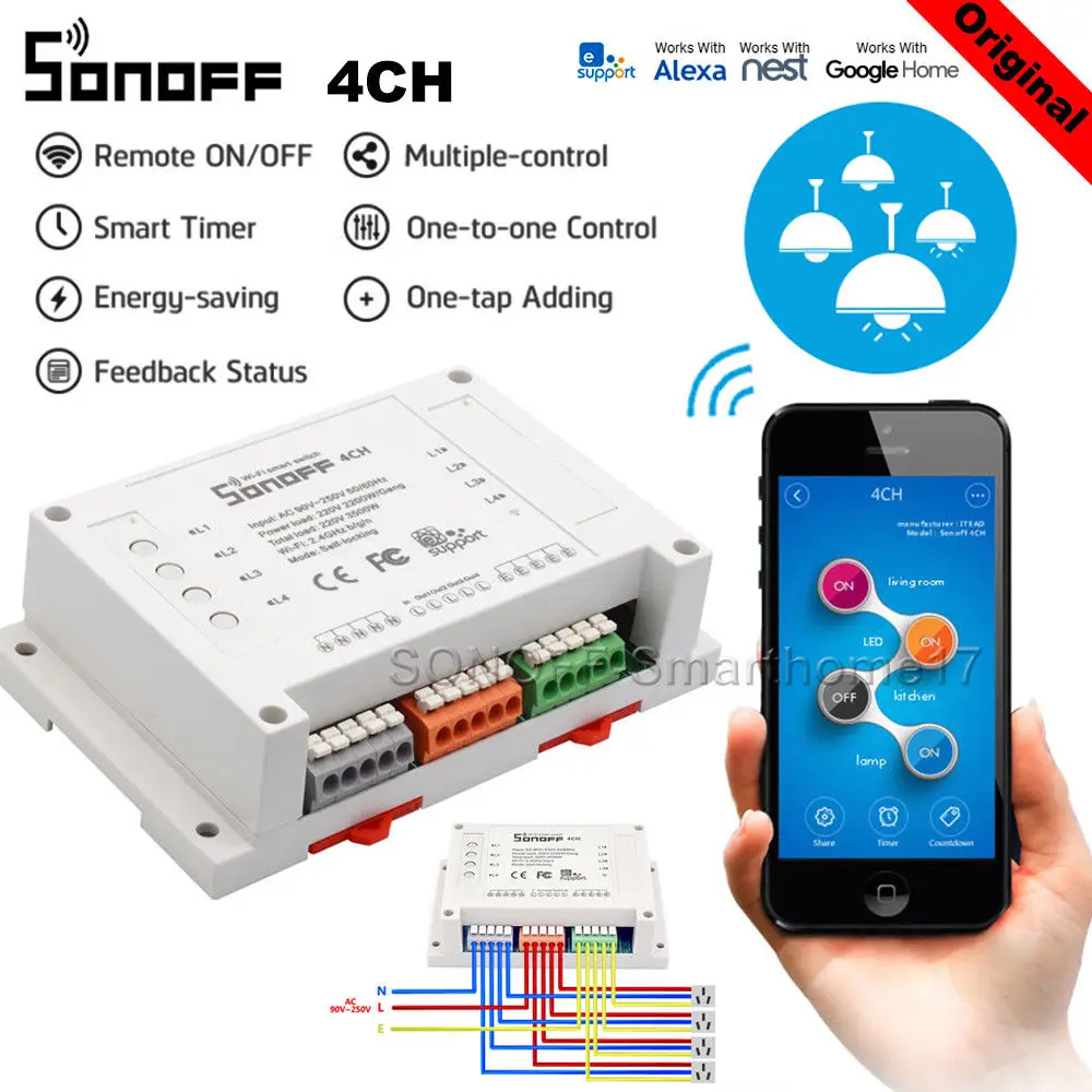 

Sonoff 4CH R2 10A /Gang 4 Channel Wifi Smart Home Automation Switch RF Remote Light Support 4 Device Work with Alexa Google Home
