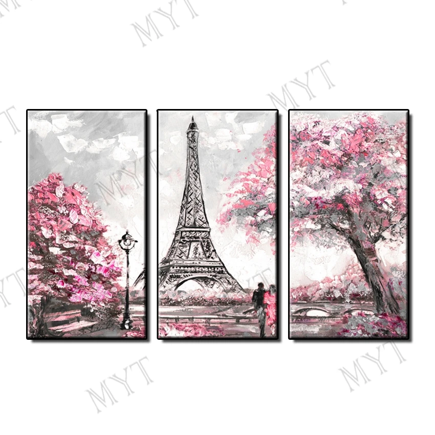 

MYT 3 Pieces Pictures Painting Abstract Oil Paintings on Canvas 100% Handmade Eiffel Tower flowers Modern Art Home Wall Decor