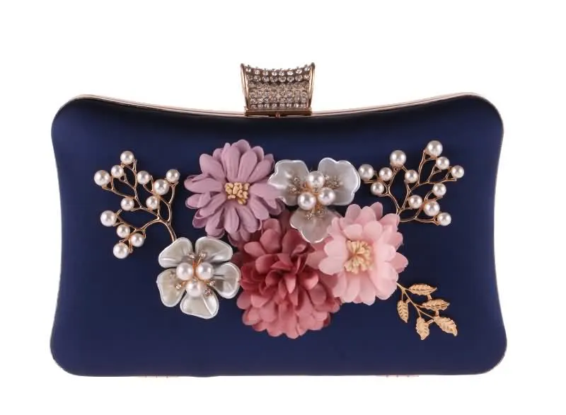 Luxy Moon Navy Floral Velour Clutch Bag for Wedding Front View