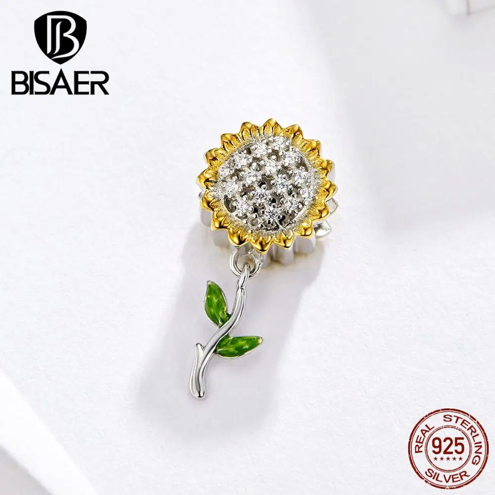 

BISAER Summer Charms 925 Sterling Silver Sunny Flowers Beads Cubic Zircon Crystal Charm fit for Bracelets DIY Jewelry ECC1211