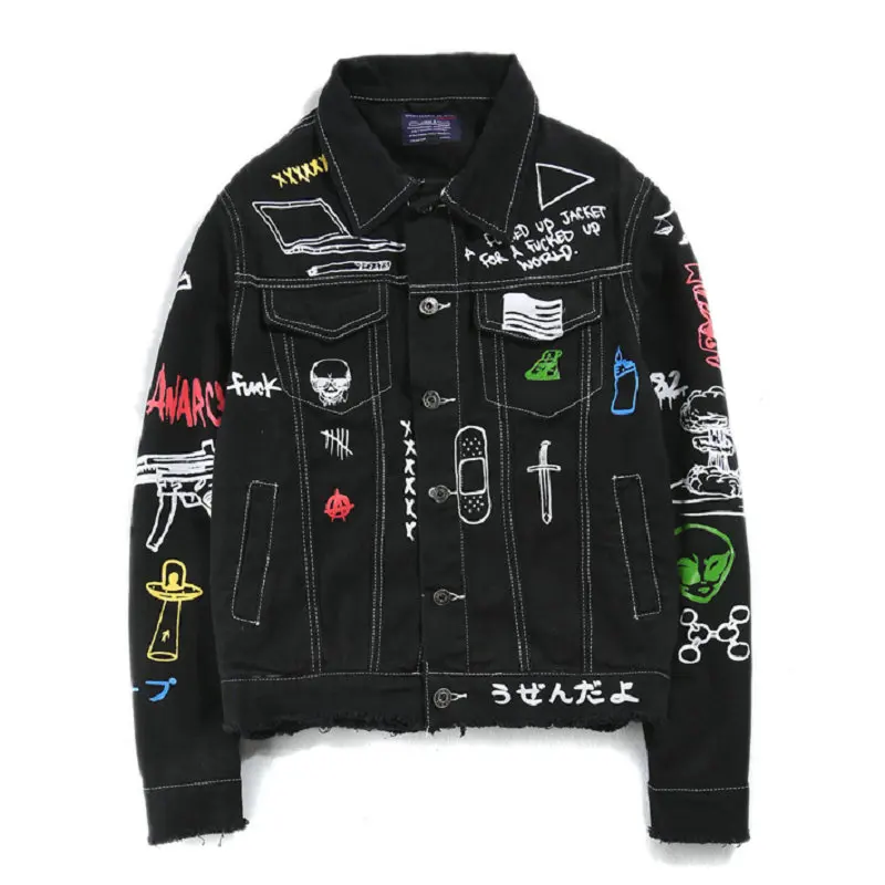 Zogaa, хип-хоп Модная Джинсовая куртка с принтом, мужская хлопковая Повседневная Уличная одежда, осенняя новая джинсовая куртка, пальто с граффити для мужчин - Цвет: Черный