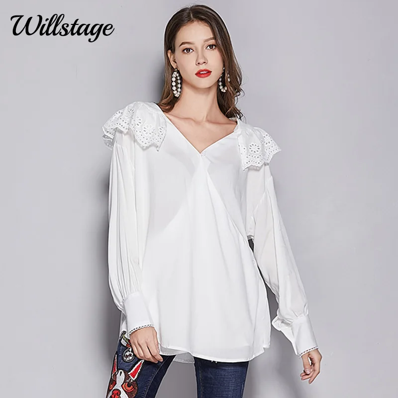 Willstage 2019 Весна белая блузка для женщин выдалбливают вышивка шить кружево