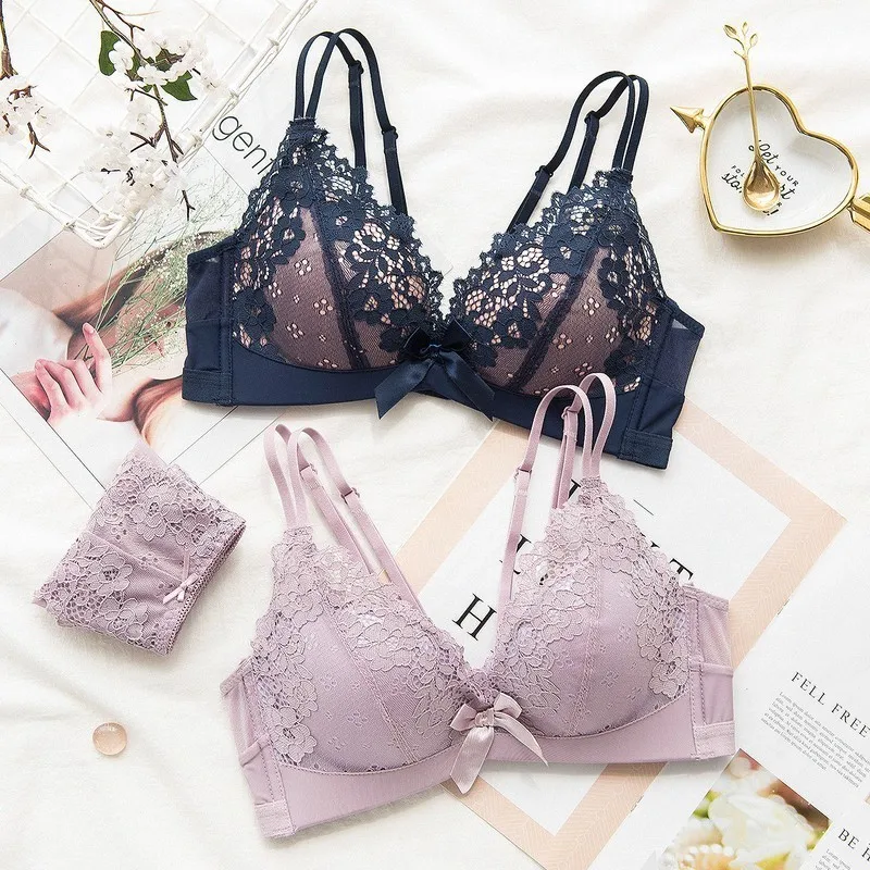  Roseheart Women Fashion Purple Lace Bow Bra Sets Cross Straps Bralette Cotton Panties Push Up Under