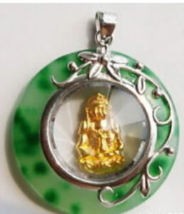 

Jew2176 Green Jade 18KWGP Flower Golden Buddha Pendant Necklace