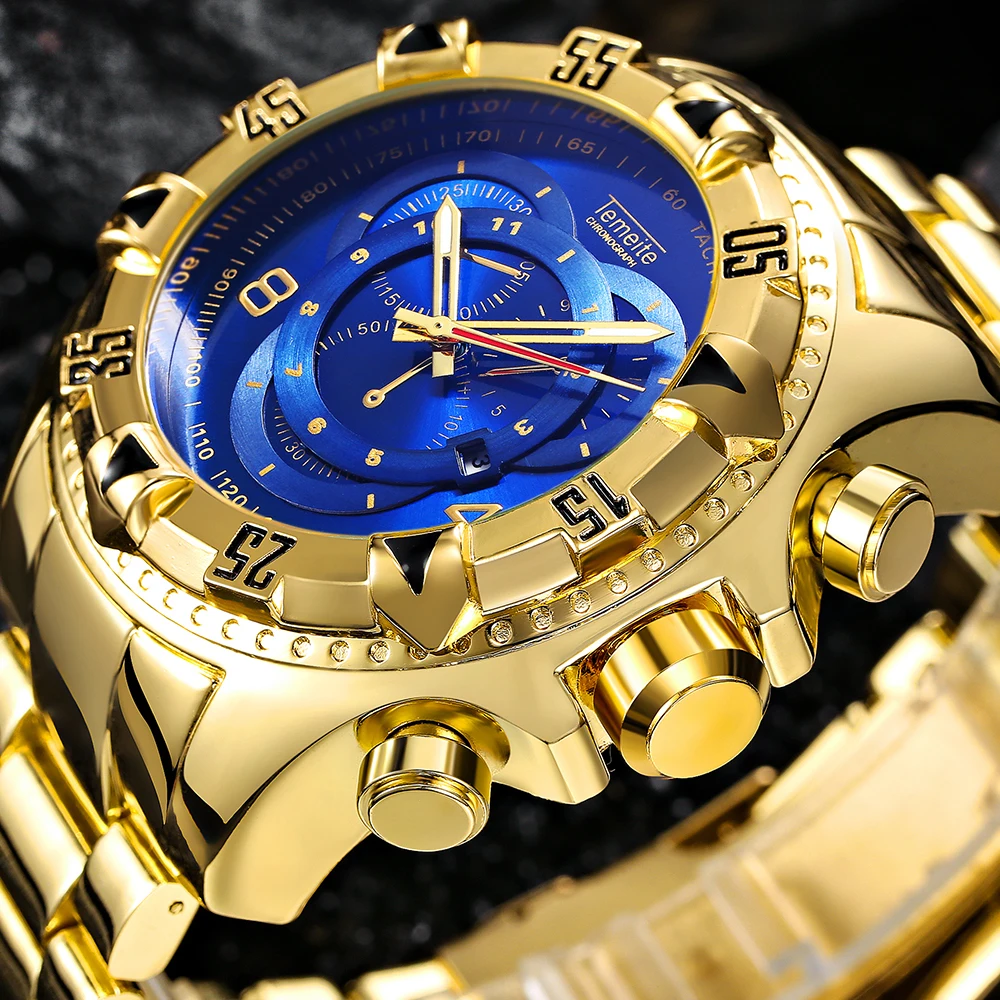 TEMEITE спортивные золотые мужские большие часы лучший бренд класса люкс 3D циферблат синий луч зеркало календарь Модные мужские кварцевые наручные часы
