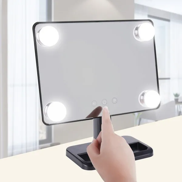 4 лампочки освещенное зеркало для макияжа с подставкой Настольный косметический сенсорный экран кнопка Светодиодный макияж зеркало Голливуд сцена