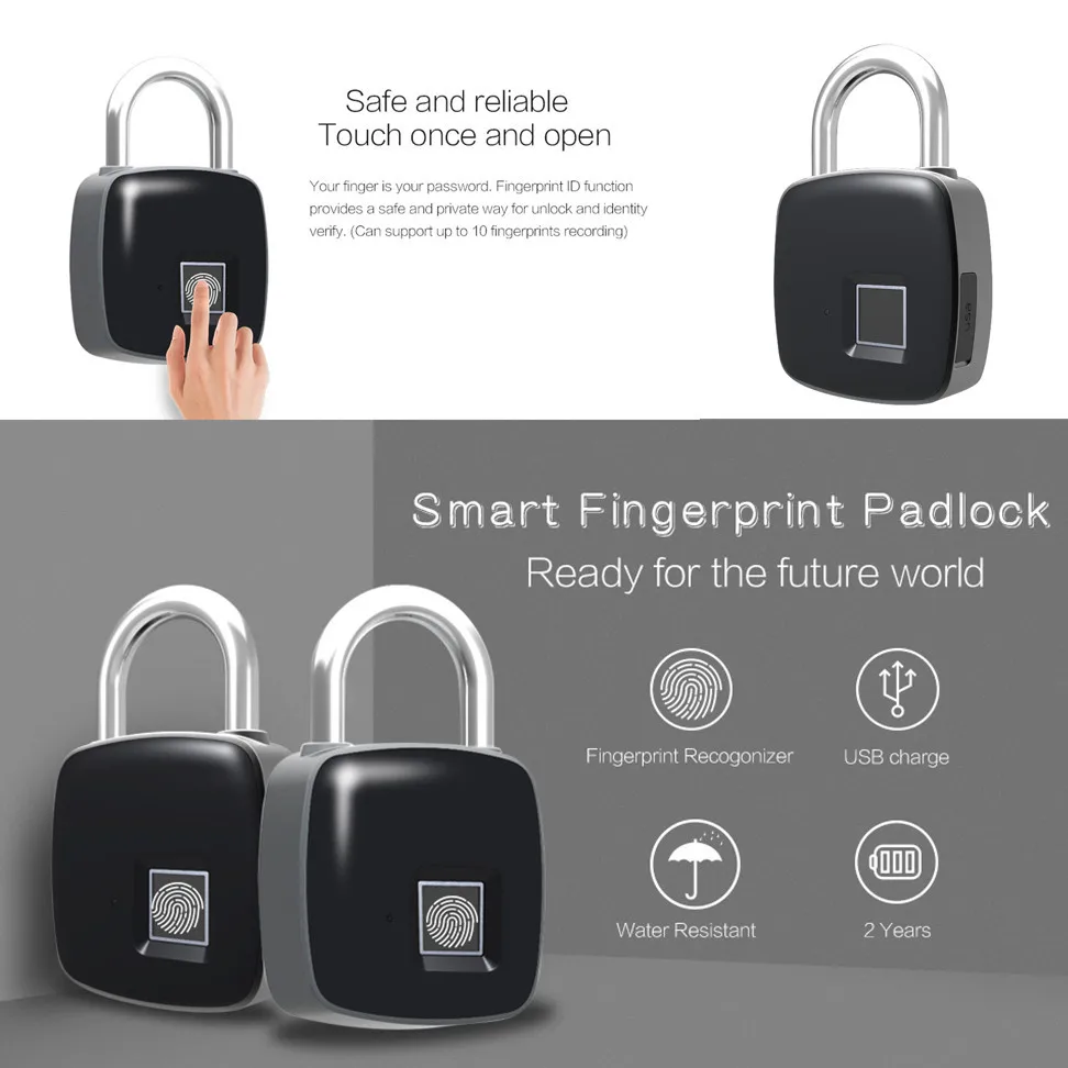 

USB Rechargeable Smart Keyless Fingerprint Lock IP65 Waterproof Anti-Theft Security Padlock Door Luggage Case Lock