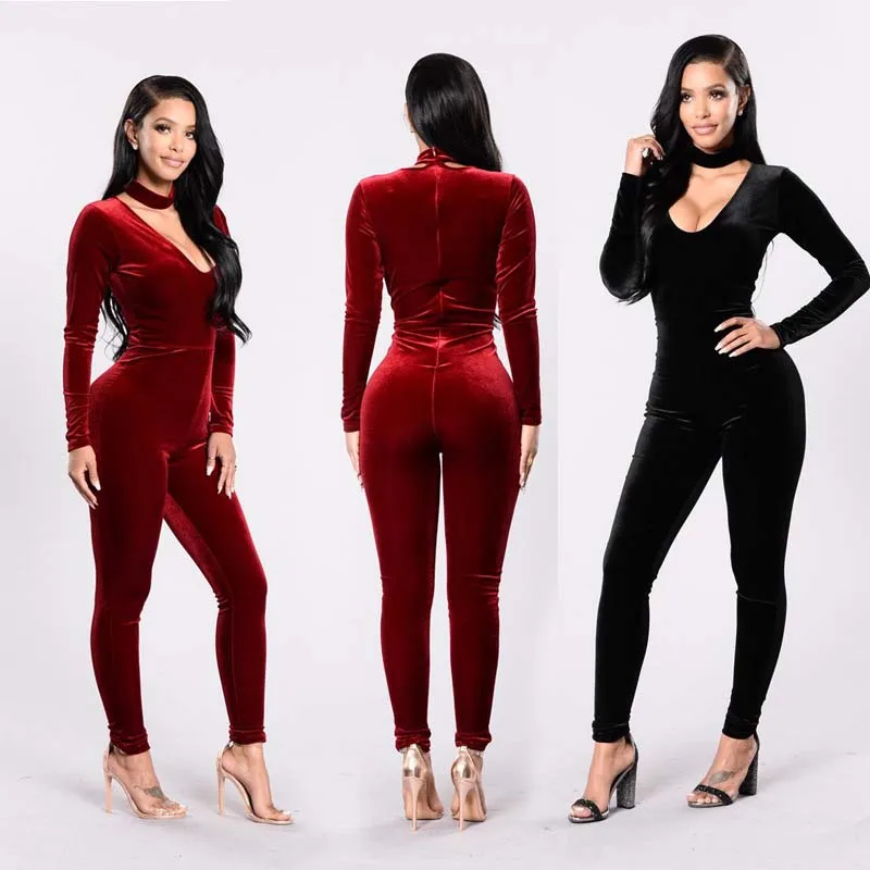 Autumn Winter 2017 Fitness Bodycon Spandex Velvet Sexy Club Jumpsuit