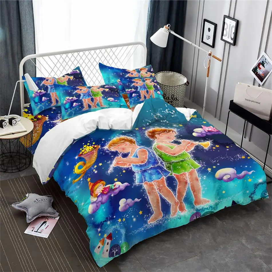 Best Kids Cartoon Bedding Set Princess Gemini Constellation Print Duvet Cover Set Colorful Galaxy Bedding King Queen Pillowcase 3Pcs