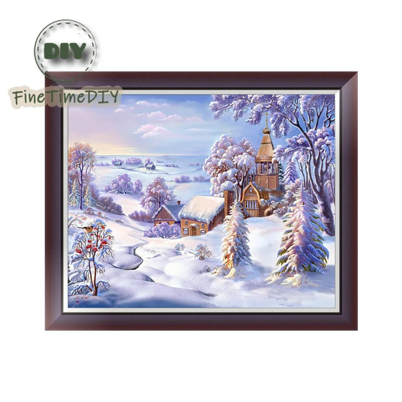 FineTime 5d diamond painting scenery partial round drill Snow Town diy mosaic daimond embroidery cross stitch kit home decor art | Дом и сад