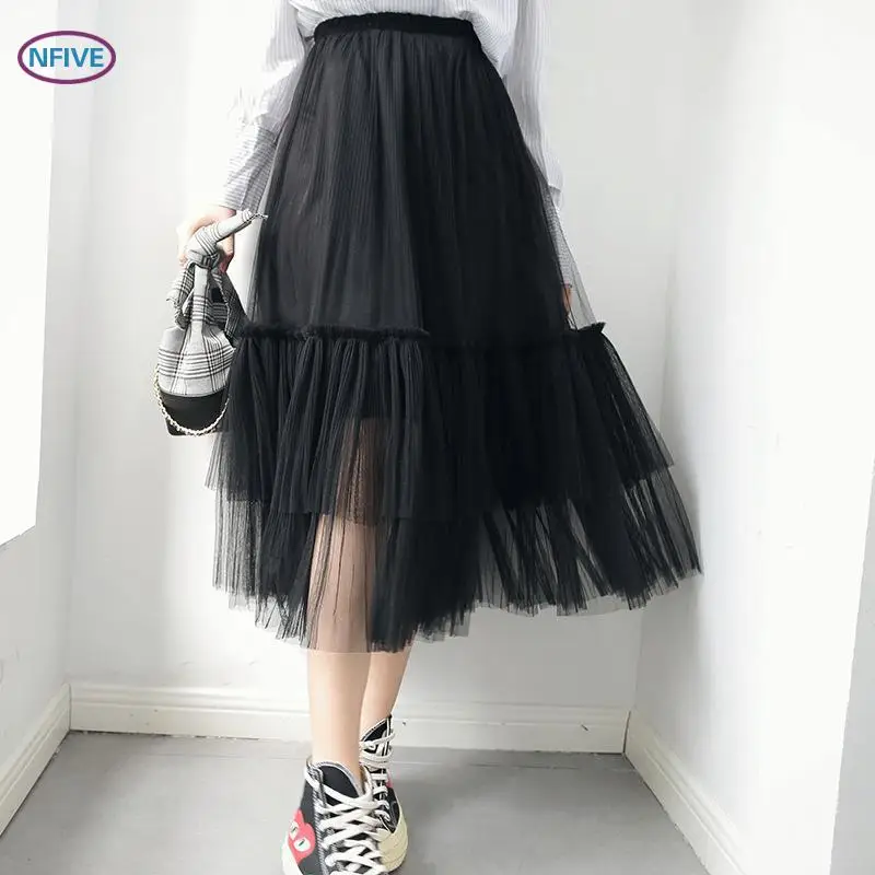 

NFIVE Brand 2018 Woman Thin Fluffy Skirts New Fashion Spring Korean Fine Texture Yarn All-match Temperament Sweet Style Skirt