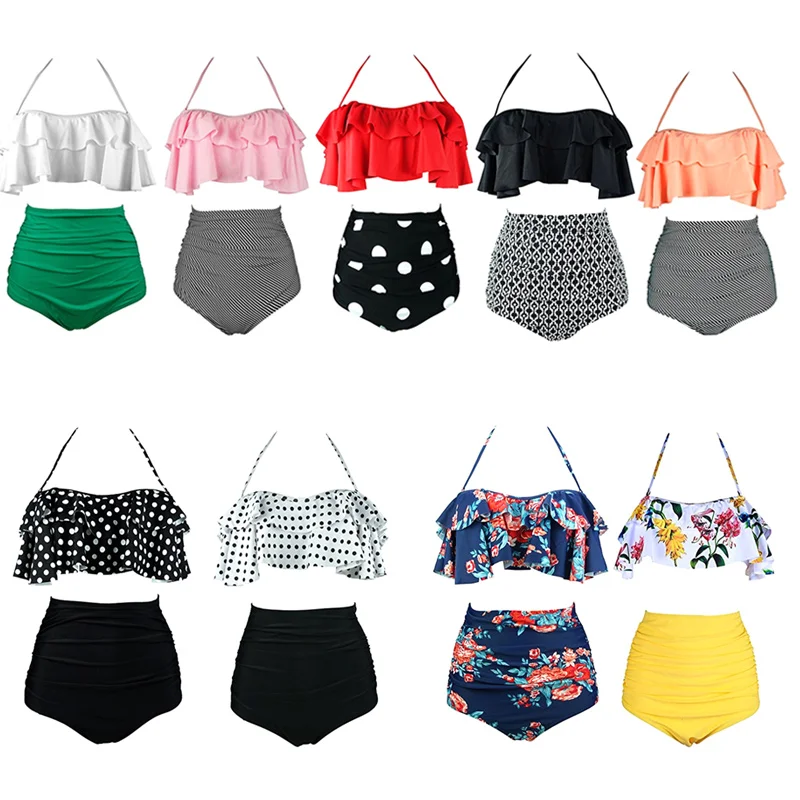 

Newly Sexy Women High Waist Swimsuit Halter Bikinis Set Swimwear Ruffle Bandeau Bottom Bathing Suit VK-ING