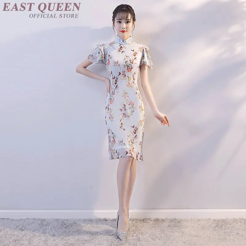 Традиционная китайская одежда Леди cheongsam qipao шифон Ретро цветочные печатных Праздничное платье с короткими рукавами элегантные AA3782 Y