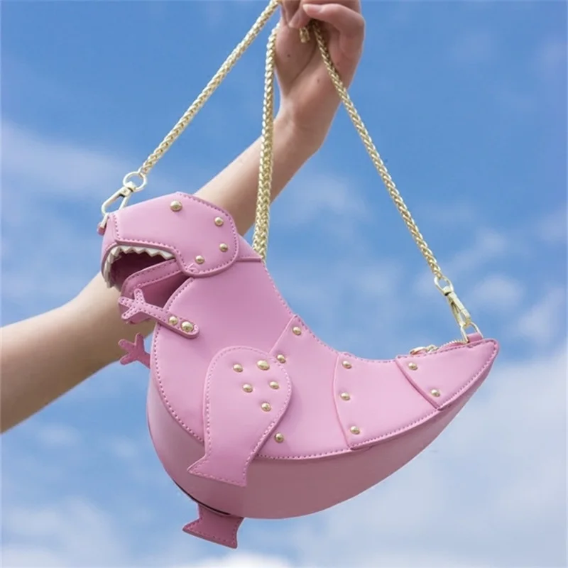 

Harajuku Style Cute Pink Dinosaur Rivet Design Messenger Bag Chain Shoulder bag Chic PU Lolita Girls Ulzzang Women's Handbags